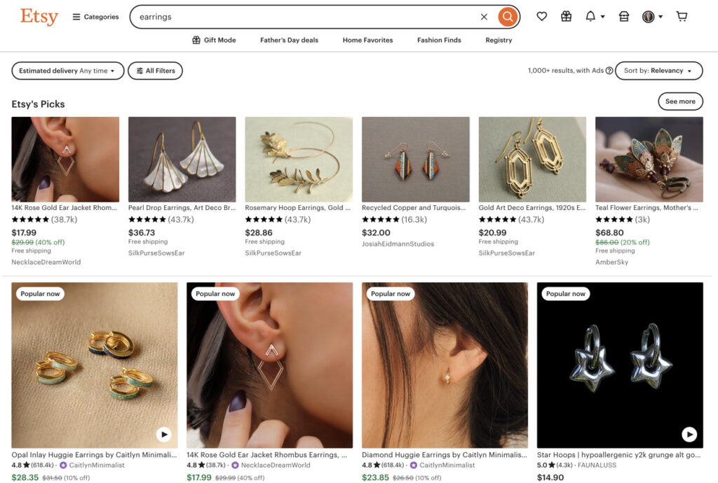 Etsy earrings listings.