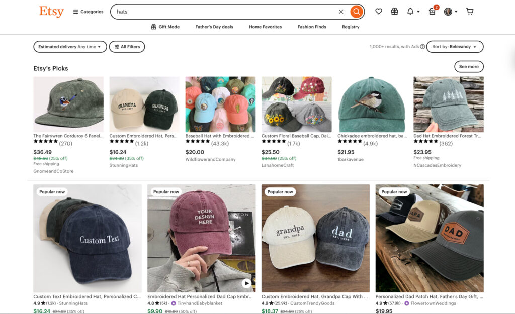 Etsy hats listings.