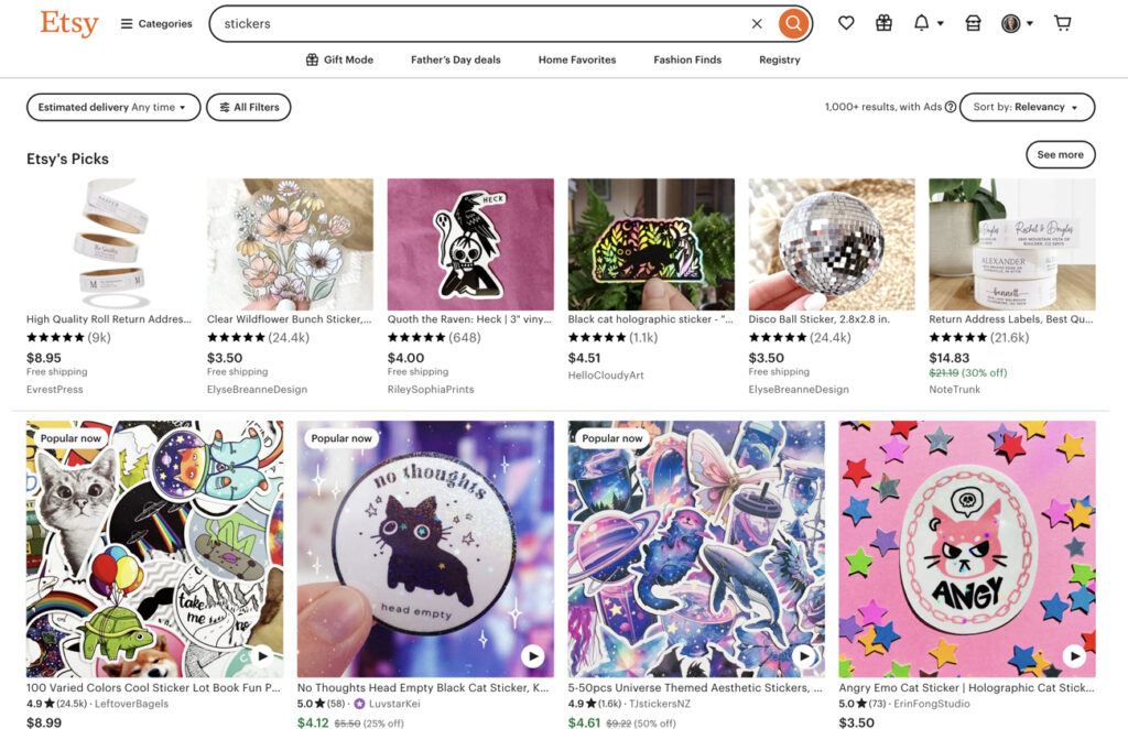 Etsy stickers listings