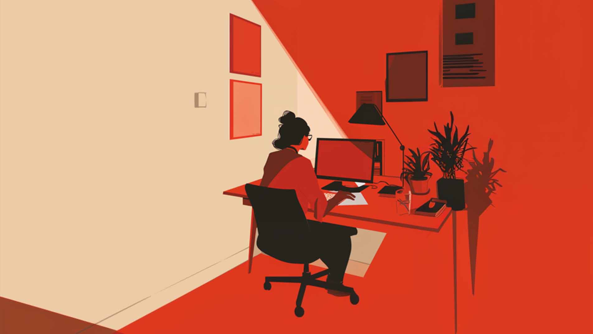 Illustration of woman working at computer desk in mid-century illustration style